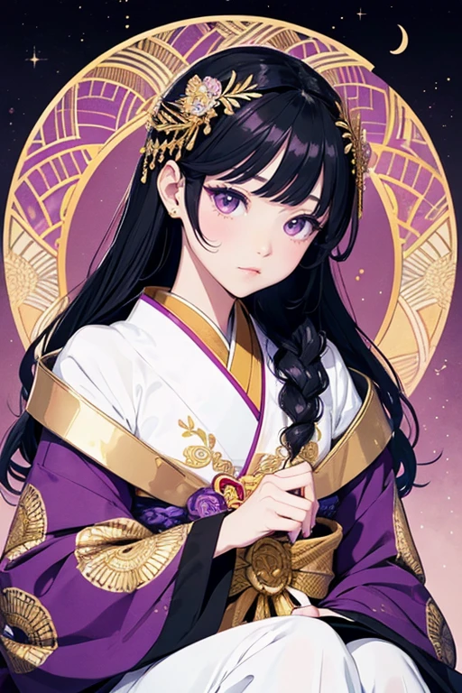 (elegant,whimsical,illustration),(Queen),(gold furisode),(sitting),(top of a crescent moon),(black hair),(purple eyes),(isolated black background),(intricately detailed patterns),(whimsy style),(soft pastel colors),(best quality,highres),(high contrast),(digital art),(cool and cute style),(wide angle),(3:4 aspect ratio),(6 colors)

This is my generated prompt，Please check。