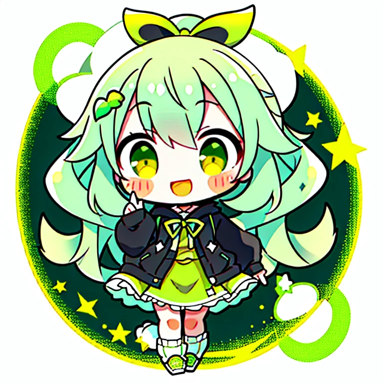 tchibi,1girll,Mouth open,Smile,Rabbit,bow,Solo,White background,black and green punk hoodie,short skirt,Walls,Yellow eyes,full bodyesbian,simplebackground,Puffy sleeves,White shoes,shoes,athletic sneakers,Blush,bandsgirl,Star Talisman,Guitar,blue green side tail long hair,bow ribbon.