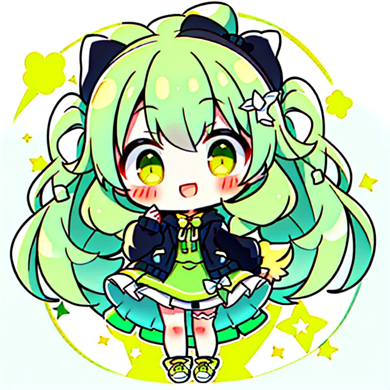 tchibi,1girll,Mouth open,Smile,Rabbit,bow,Solo,White background,black and green punk hoodie,short skirt,Walls,Yellow eyes,full bodyesbian,simplebackground,Puffy sleeves,White shoes,shoes,athletic sneakers,Blush,bandsgirl,Star Talisman,Guitar,blue green side tail long hair,bow ribbon.