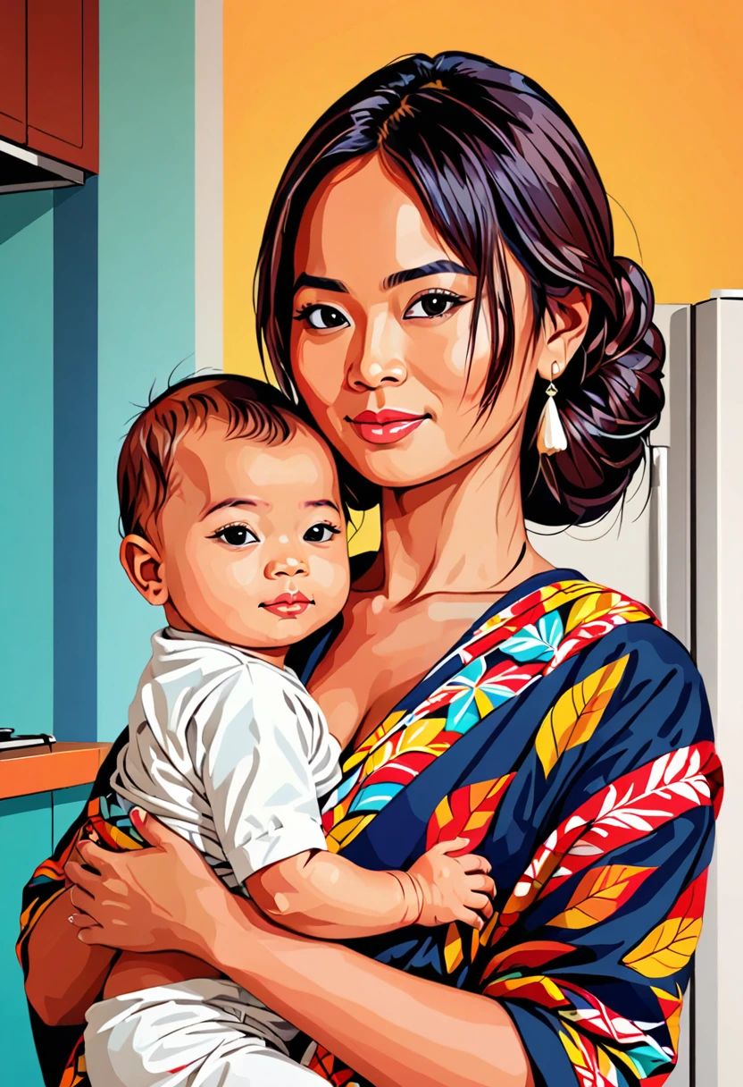 WPAP Style, a close up of  a woman holding a baby in a sling in a kitchen, inspired by I Ketut Soki, batik, with a kid, with ivy, by I Ketut Soki, wearing traditional garb, special, barong family member, inspired by Mym Tuma,30 years old woman, by Benjamin Block ,on a colorful background, vector art style, in style of digital illustration, extremely high quality artwork, vector art, vector artwork, high quality portrait, digital art illustration, artistic illustration, stylized digital illustration, beautiful artwork, wpap