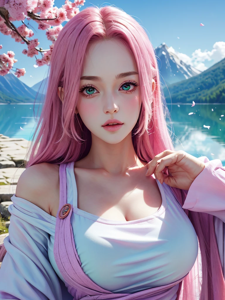 (masterpiece), best quality, 1girl, looking at viewer, (sion)\(shippuden\), parted lips, wind lift, bottomless, green white fabric ,pink hair, long hair, purple eyes, solid eyes, big breast masterpiece, absurdres,sion\(naruto the movie ), 1girl, solo,mature female, off-shoulder oversized shirt, looking at viewer, (falling petals), perfect composition, detailed lips, big breast, beautiful face, body propotion, blush, (pink lips), long hair, purple eyes, soft gaze, super realistic, detailed, photoshoot, realistic face and body,background lake and mountains.