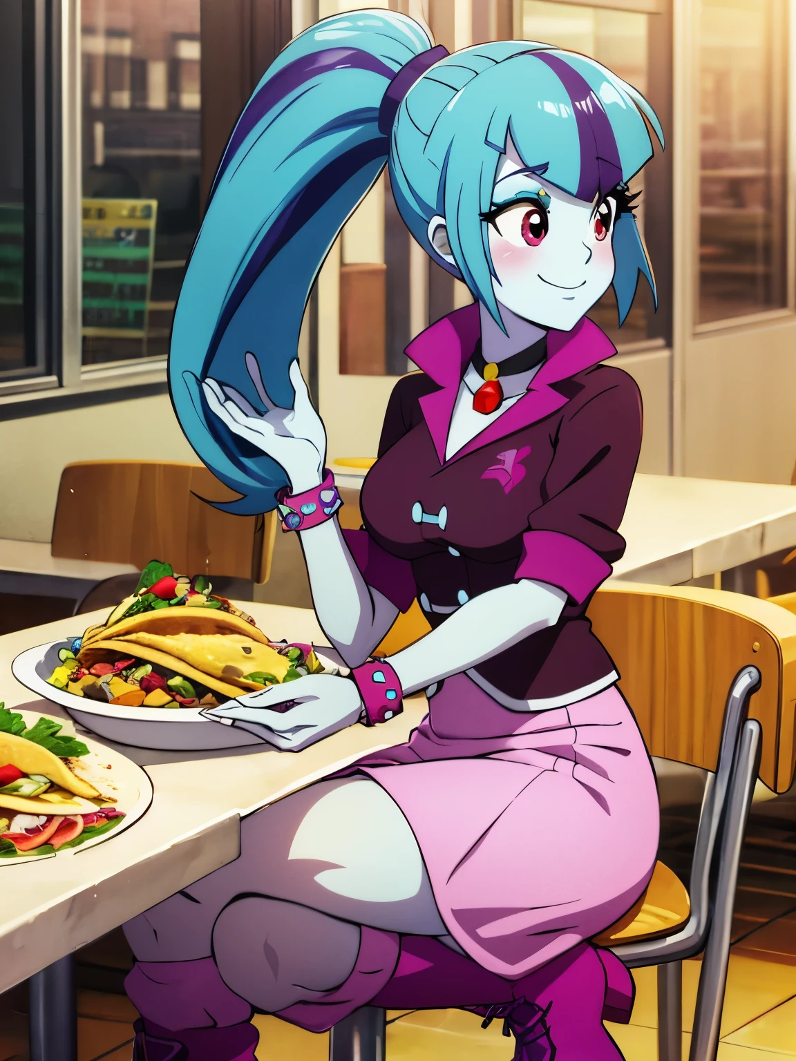 medium breasts,at a high school cafeteria ,watercolor \(medium\),masterpiece,HDR,intricate details,(anime painting:1.1),multicolored hair,mlpsonata,colored skin,blue skin,ponytail,jacket,skirt,boots,jewelry,bracelet,lunch table,(blush:0.7), tacos, gentle smile