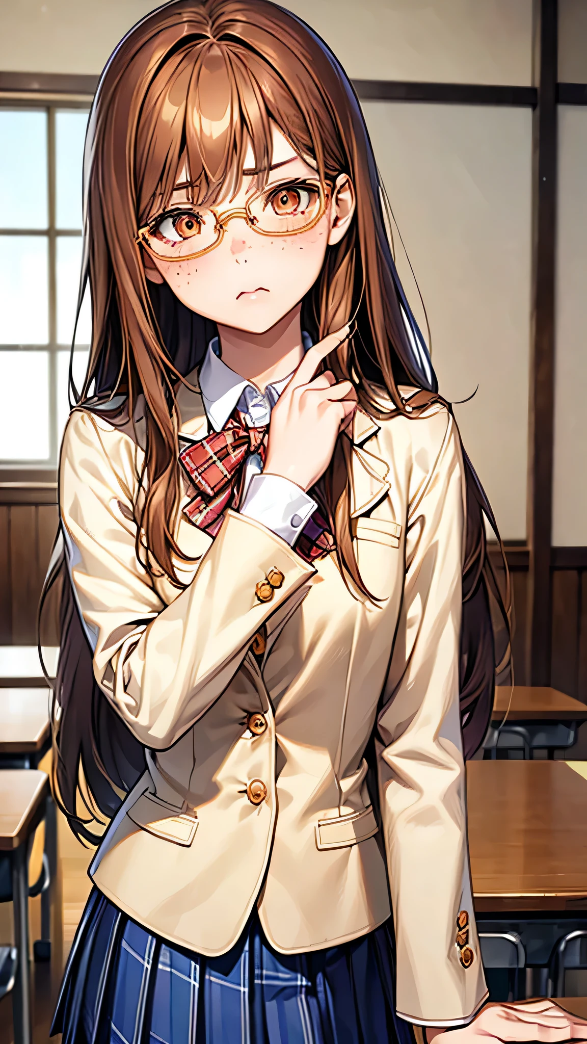 highest quality、Realistic、girl、Japanese、zoom、cute、classroom、Orange Eyes、Light Brown Hair、long hair、Off-white blazer、White blouse、Ribbon、Blue checked pleated skirt、Face close-up、thin、Small breasts、Pouting、freckles、Glasses、