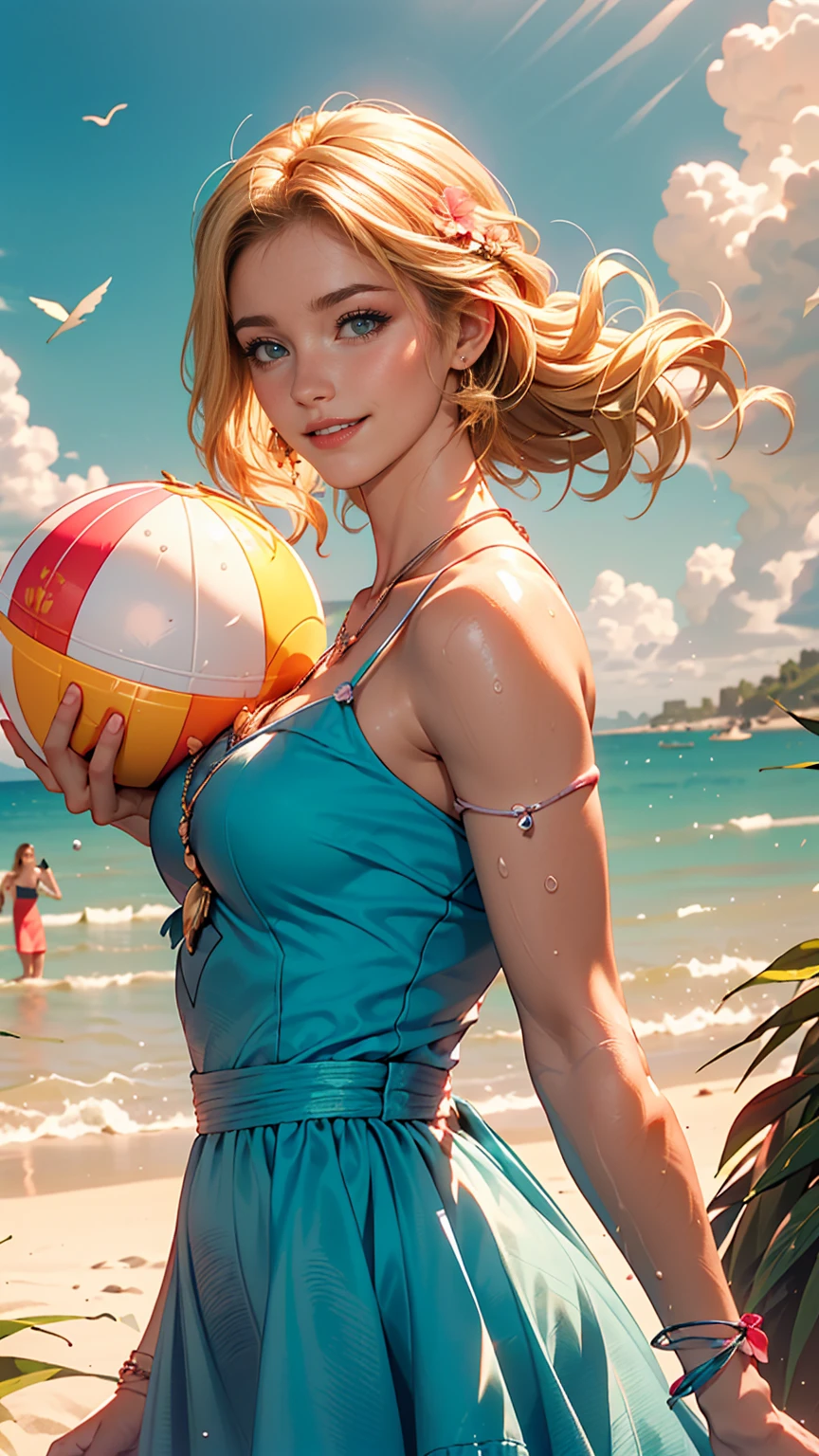 Delicate and beautiful CG art),(highest quality, Very detailed, High resolution),(Dynamic Angle, Dynamic Lighting),(One character),(Long pink and blonde hair), blue eyes, Beautiful Face), 1 girl, (Long sideburns, plant, smile, long blue dress, 3 days, Ocean, water, Beach ball, shell, sunny, the wind is strong