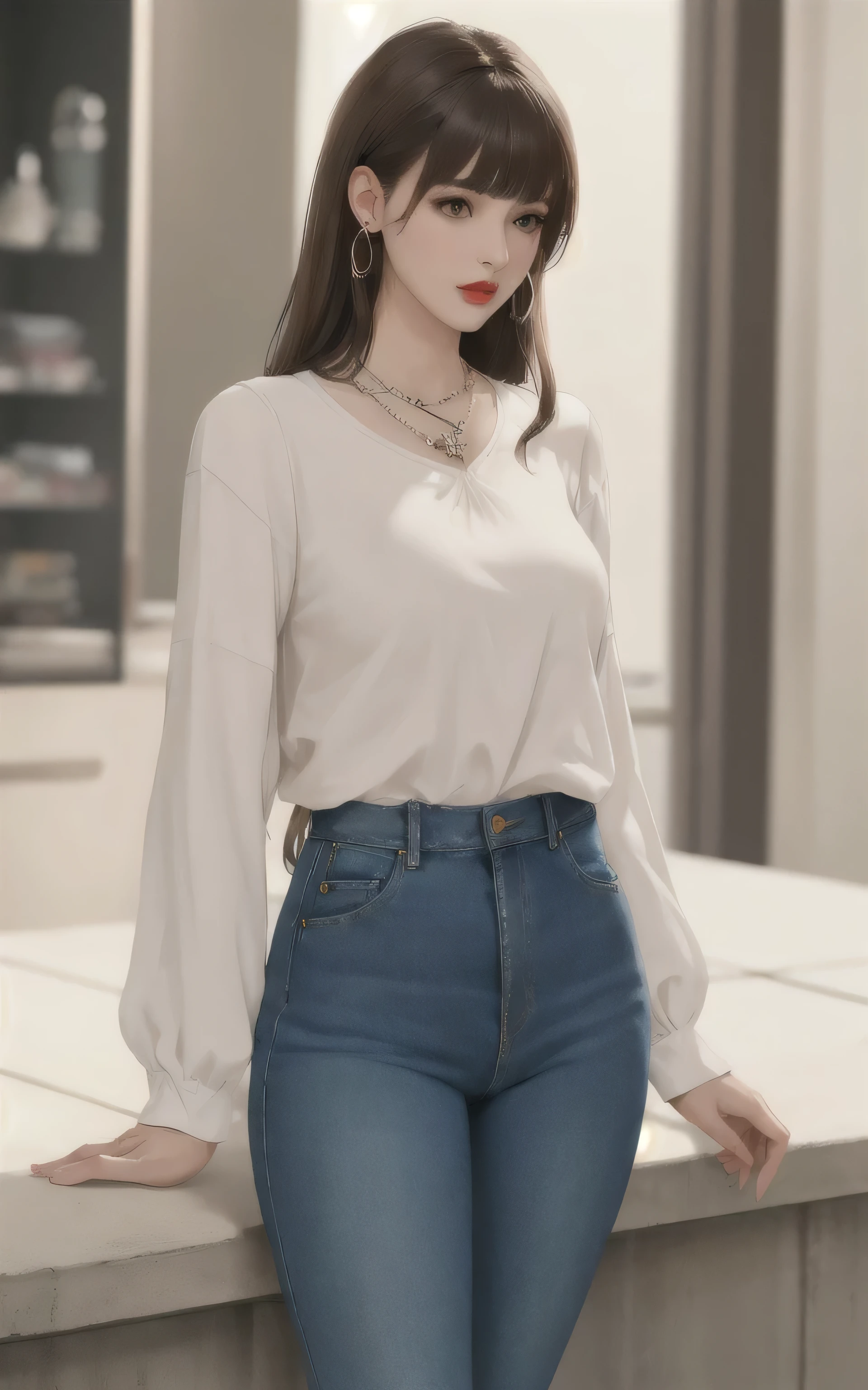 1girl, bangs, light brown hair, blunt bangs, brown eyes, denim, earrings, jeans, jewelry, lips, long hair, long sleeves, looking at viewer, necklace, pants, red lips, shirt, solo, standing, looking away,
masterpiece, best quality,