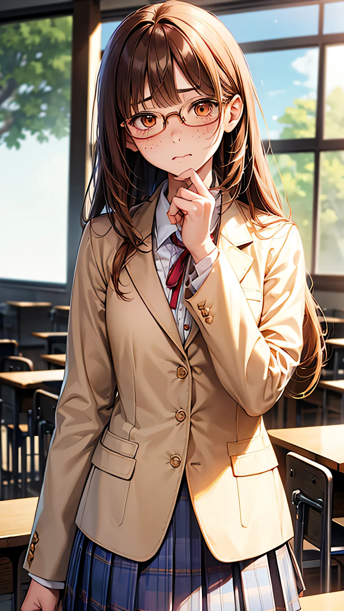 highest quality、Realistic、girl、Japanese、zoom、cute、classroom、Orange Eyes、Light Brown Hair、long hair、Off-white blazer、White blouse、Ribbon、Blue checked pleated skirt、Face close-up、thin、Small breasts、Pouting、freckles、Glasses、