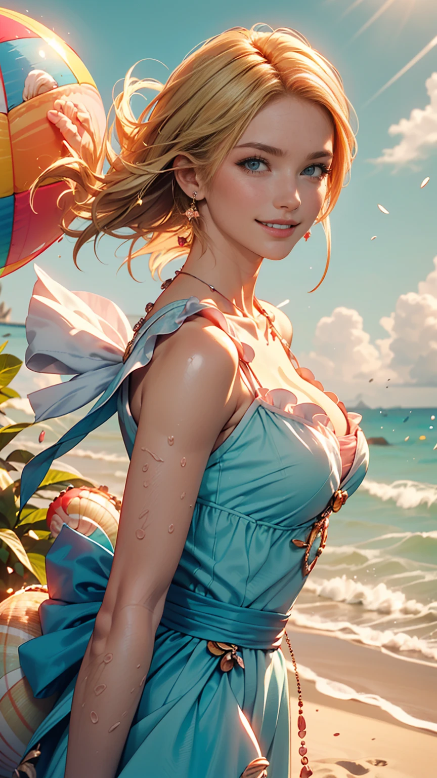 Delicate and beautiful CG art),(highest quality, Very detailed, High resolution),(Dynamic Angle, Dynamic Lighting),(One character),(Long pink and blonde hair), blue eyes, Beautiful Face), 1 girl, (Long sideburns, plant, smile, long blue dress, 3 days, Ocean, water, Beach ball, shell, sunny, the wind is strong