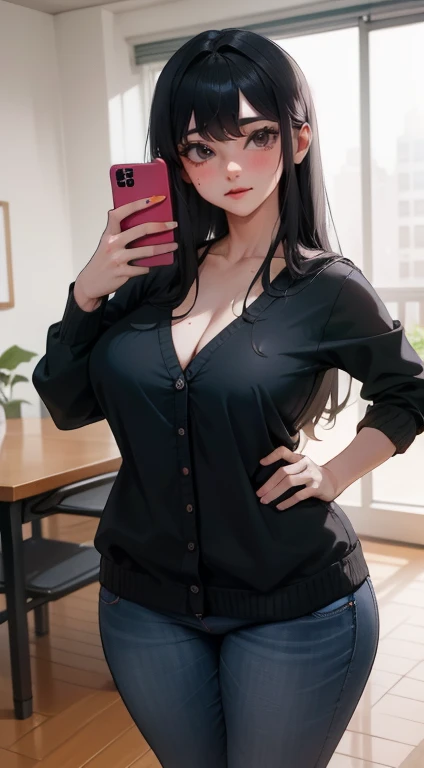 Ayolf, olhos vermelhos, cabelo preto, Cabelo longo, rabo de cavalo, lindo, lindo woman, corpo perfeito, Seios perfeitos, em uma camisa branca, black cardigan, Jeans longos, Bolsa, use the watch, usando brincos, em aula, No campus, Universidade, Quadro de giz, Olhando para o visualizador, Um leve sorriso, realismo, mesa, couro texturizado, super detalhado, alto detalhamento, alta qualidade, melhor qualidade, 1080p, 16K、((( sendo fotografada com smartphone、Photo through smartphone camera)))