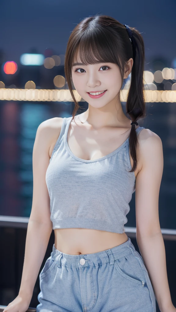 (highest quality,masterpiece:1.3,Ultra-high resolution),(Very detailed,8K),(Realistic:1.4,RAW shooting)。Blurred Background、Looking at the audience、smile、young woman、Tank top、belly button、Thighs、Twin tails、City of night。Night view。