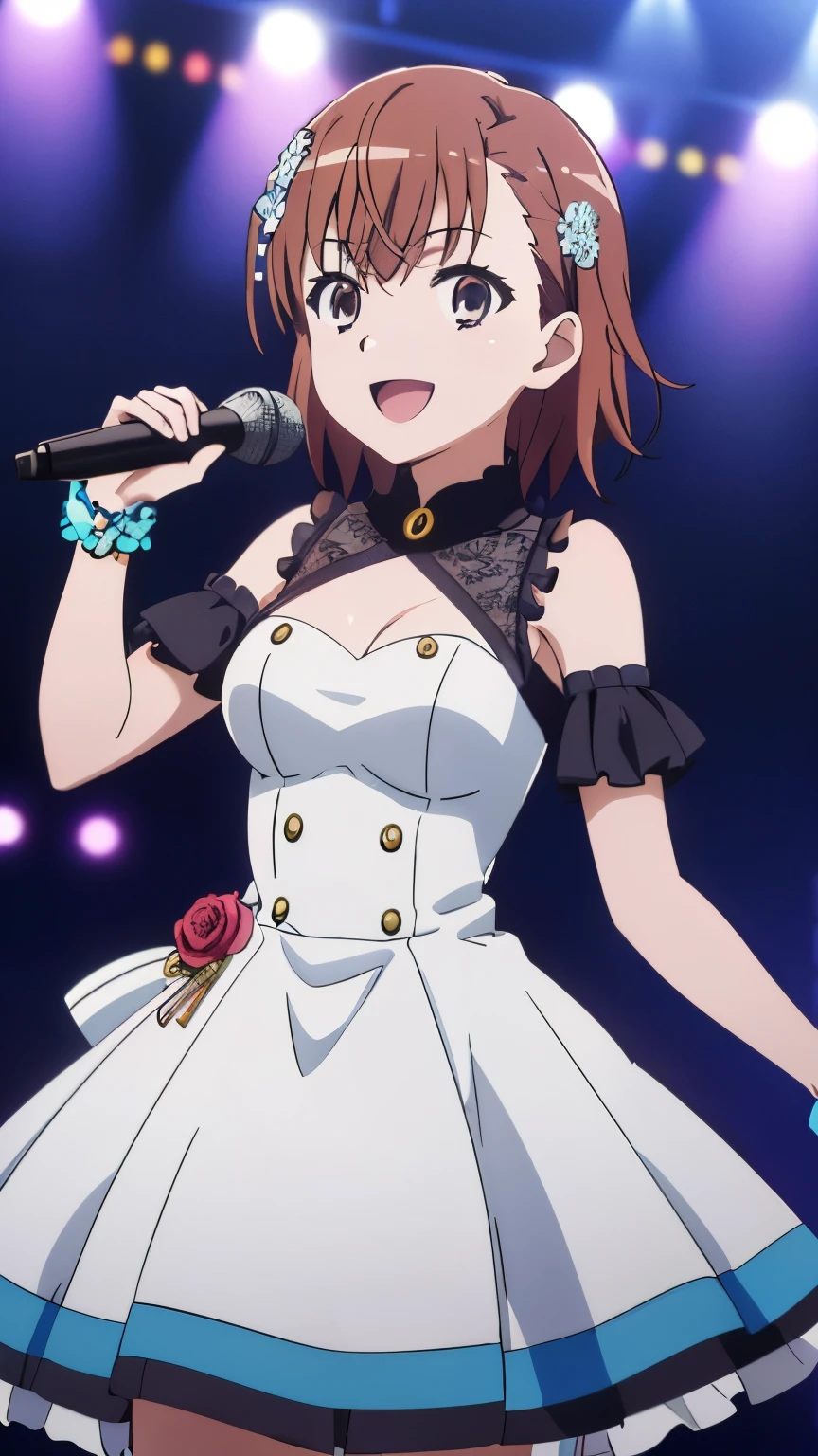 (highest quality, 8k, High resolution, masterpiece:1.2), Anime art style, Hyper Detail, misaka mikoto, Short Hair, 1 girl, Perfect Face, eye_Light_big,Medium breast, Soft look, alone, (Idol Costumes, blue idol dress, Idol Stage, microphone, smile, sing, Open your mouth), Cowboy Shot, Watching the audience,