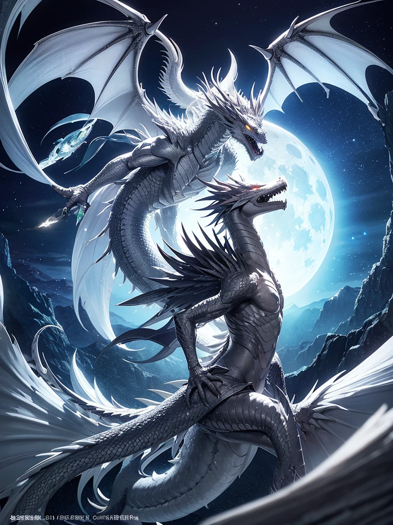 A beautiful silver dragon spreads its wings and breathes into the moon.、
