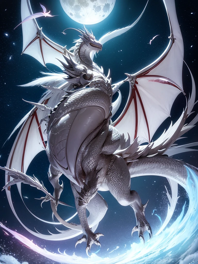 White dragon holding a purple flower in his right hand is a sword in his left hand. Ultra realista HD 8K com fogo