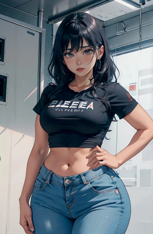 (Hinata Hyuuga, muito sensual, com roupas apertadas, bunda grande, pernas grossas, Vestindo jeans extremamente apertado, usando uma mini blusa, umbigo com pirsing, cabelo grande, Speaker behind, muito realista, extremamente sexy, 8k, 8k extremamente detalhado), (um extremamente delicado e bonito), (obra-prima), (melhor qualidade: 1.0), (Ultra-alta:1.0)