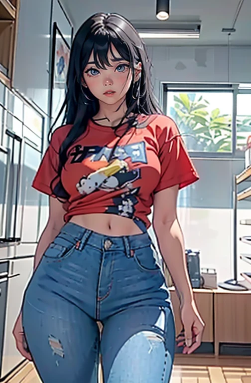 (Hinata Hyuuga, muito sensual, com roupas apertadas, bunda grande, pernas grossas, Vestindo jeans extremamente apertado, usando uma mini blusa, umbigo com pirsing, cabelo grande, Speaker behind, muito realista, extremamente sexy, 8k, 8k extremamente detalhado), (um extremamente delicado e bonito), (obra-prima), (melhor qualidade: 1.0), (Ultra-alta:1.0)