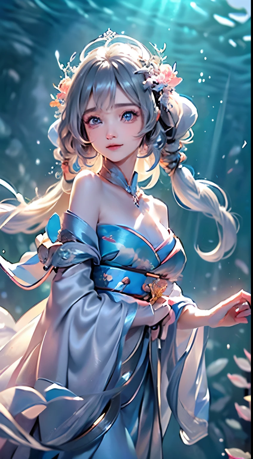 ((masterpiece:1.5、8k、Tabletop、フォトリアリスティックでVery detailedなCG、Very detailed、Particle Effects、Dynamic Effects、Written boundary depth、Cinematic Light、Lens flare、Ray Tracing、Tabletop、Realistic:1.4、超A high resolution:1.2、Realistic、Realistic))((alone、,A woman wearing royal hanbok off-the-shoulder:1.4、Dynamic female pose:、Detailed face、Bright expression、young, Brighter, Whiter skin、Ample breasts、Best Looks、Ultimate beauty、Shiny silver hair with highlights、Bright and shiny hair,、Super long, Silky straight hair、Hair swaying in the water))(underwater,Beautiful underwater ruins background,Air bubbles、Because they are underwater, their clothes and hair follow the flow of the water.)((Off-the-shoulder style,Expose your shoulders、Expose the neck、Exposing cleavage))Her clothes are very chic、She's like a fairy in Wonderland