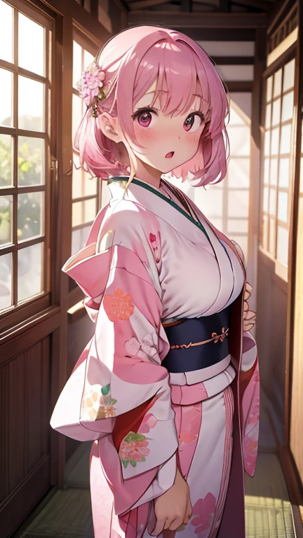 masterpiece、highest quality、Very detailed、Photograph the upper body、1 female、(Put your arms behind your back:1.4)、Are standing、Turn your body forward、View your viewers、(short kimono)、break,blush、shy、Pink Hair、Open your mouth、Japanese-style room、Big Breasts、