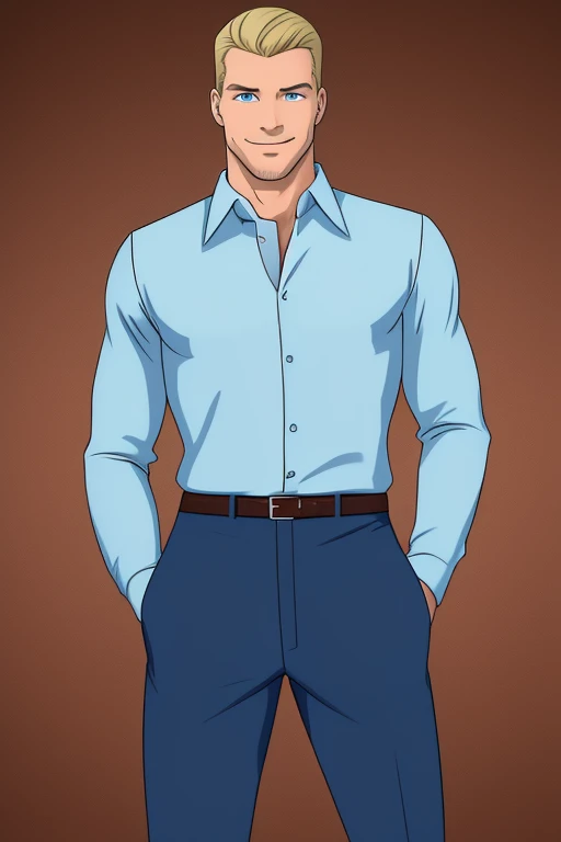 image of a 6'6ft tall Caucasian man, with blonde hair and blue eyes. He has a warm smile. Has an muscular body, nearing 300lbs. Wearing a light blue long sleeve that is buttoned, dark blue jeans and dress shoes. in a cartoon style