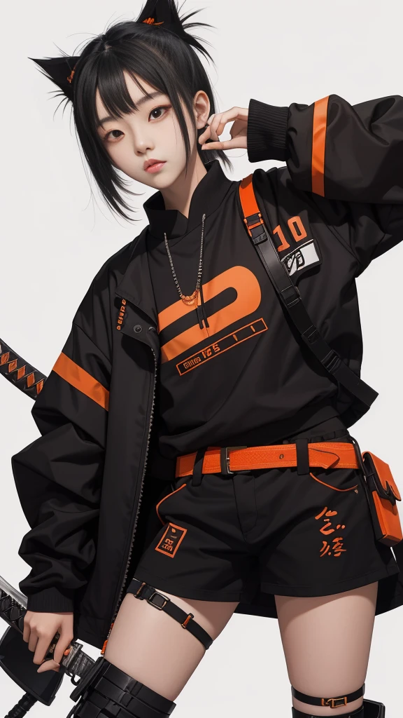 An 18 year old Korean teenage girl, Douyin, wears cool cyberpunk style clothes in variations of black and orange, poses coolly while carrying a katana, on a white background.