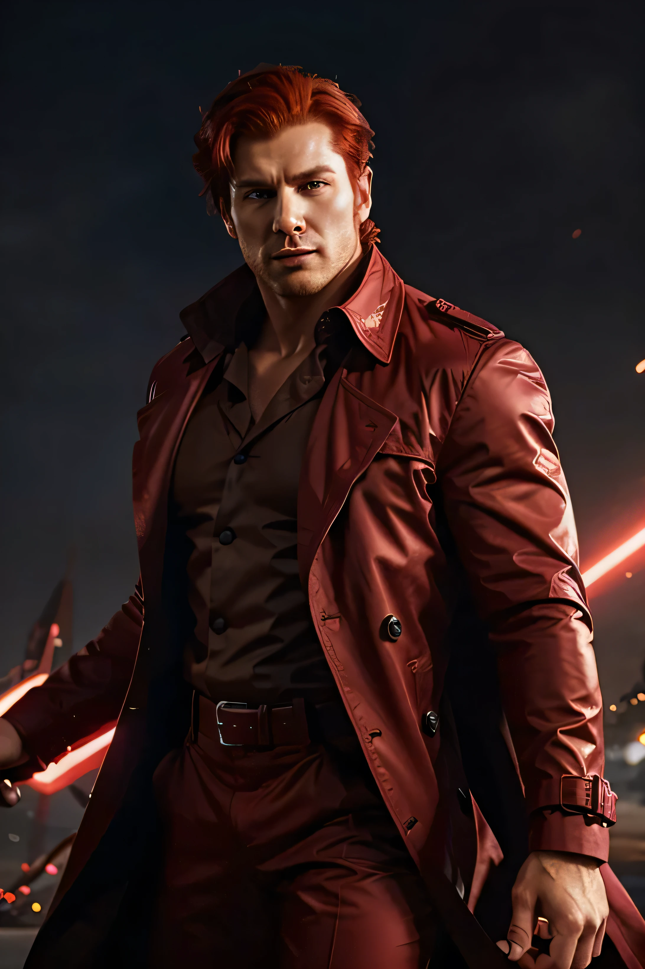 Create a handsome strong man with red hair super hero with scarlet diamond powers who wears a trench coat