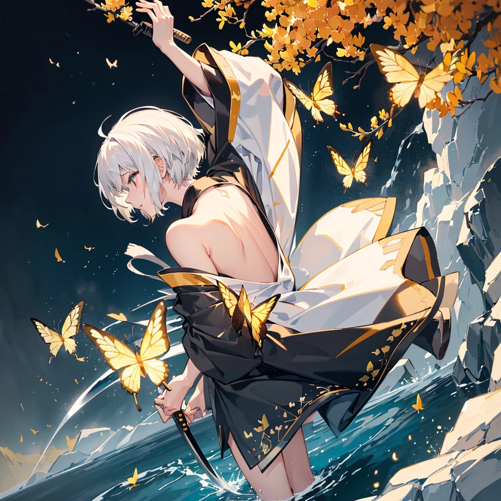 ((high resolution　White Hair　Short Hair　Black kimono　Black band　Military commander　Lonely　despair))　((Yellow butterfly　night　Japanese style　Shoulder　old　Shining Aura　garden　water surface))　(Dance　Blade of Darkness　Japanese sword　Holding a sword　Slashing)　moon　star　Draw your sword　Slashing　Catch the wind　Lie down