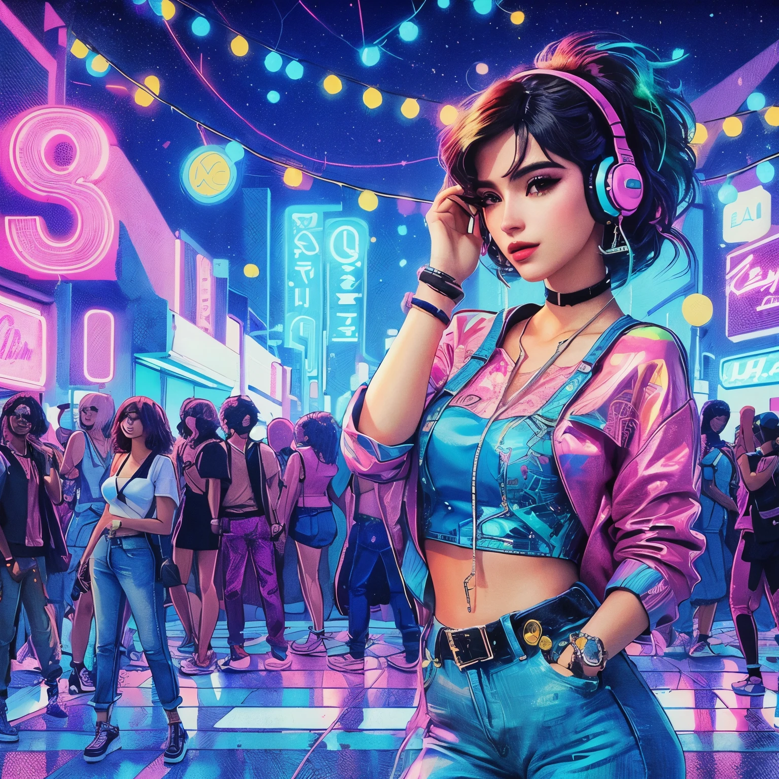 um close de uma pessoa em uma cidade neon com fones de ouvido, 8 0 s anime vibe, arte estilo synthwave ]!!, [ arte estilo synthwave ]!! ]!!, estilo synthwave, arte estilo synthwave, estilo de arte cyberpunk, Estilo de arte de anime dos anos 80, [ arte estilo synthwave ]!!, arte synthwave, arte de fundo