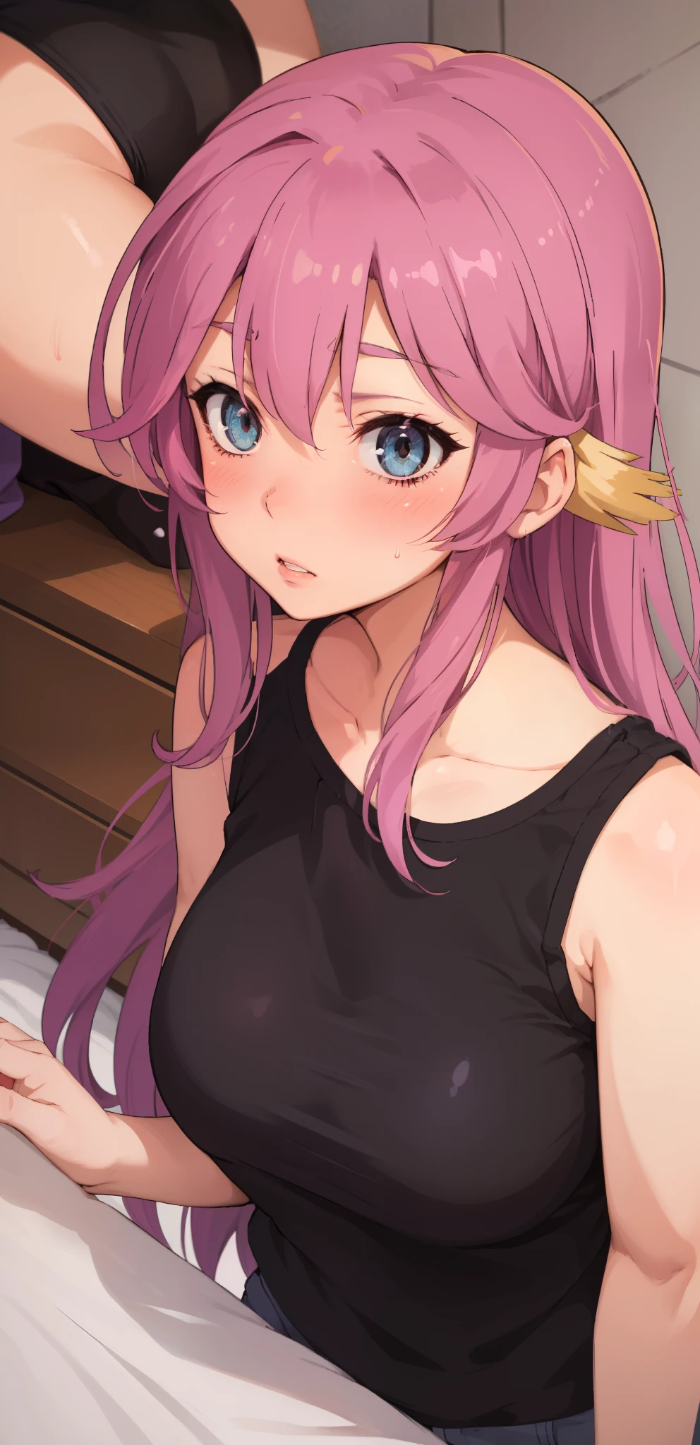 Jibril, ((upper body)), blushed, perfect anatomy, detailed eyes, detailed lips, extremely detailed eyes and face, vivid colors, sharp focus, masterpiece:1.2, ultra-detailed, blushed, ((doggystyle)), (solo), ((casual clothes)), sleeveless, ((((360 view)))).