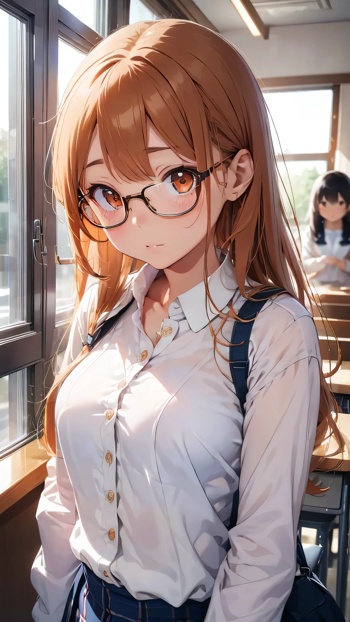 highest quality、Realistic、girl、Japanese、zoom、cute、classroom、Orange Eyes、Light Brown Hair、long hair、Off-white blazer、White blouse、Ribbon、Blue checked pleated skirt、Face close-up、thin、Small breasts、Pouting、freckles、Glasses、