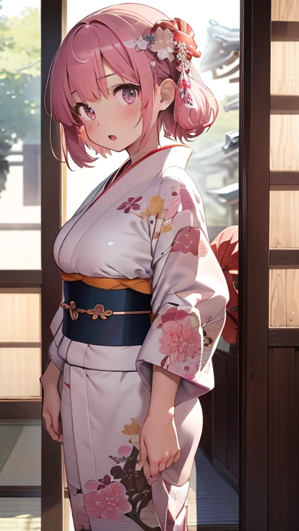masterpiece、highest quality、Very detailed、Photograph the upper body、1 female、(Put your arms behind your back:1.4)、Are standing、Turn your body forward、View your viewers、(short kimono:1.4)、break,blush、shy、Pink Hair、Open your mouth、Japanese-style room、Big Breasts、