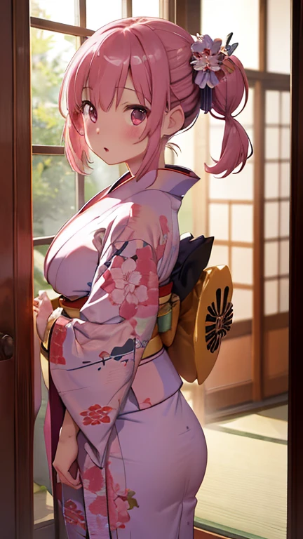masterpiece、highest quality、Very detailed、Photograph the upper body、1 female、(Put your arms behind your back:1.4)、Are standing、Turn your body forward、View your viewers、(short kimono:1.4)、break,blush、shy、Pink Hair、Open your mouth、Japanese-style room、Big Breasts、