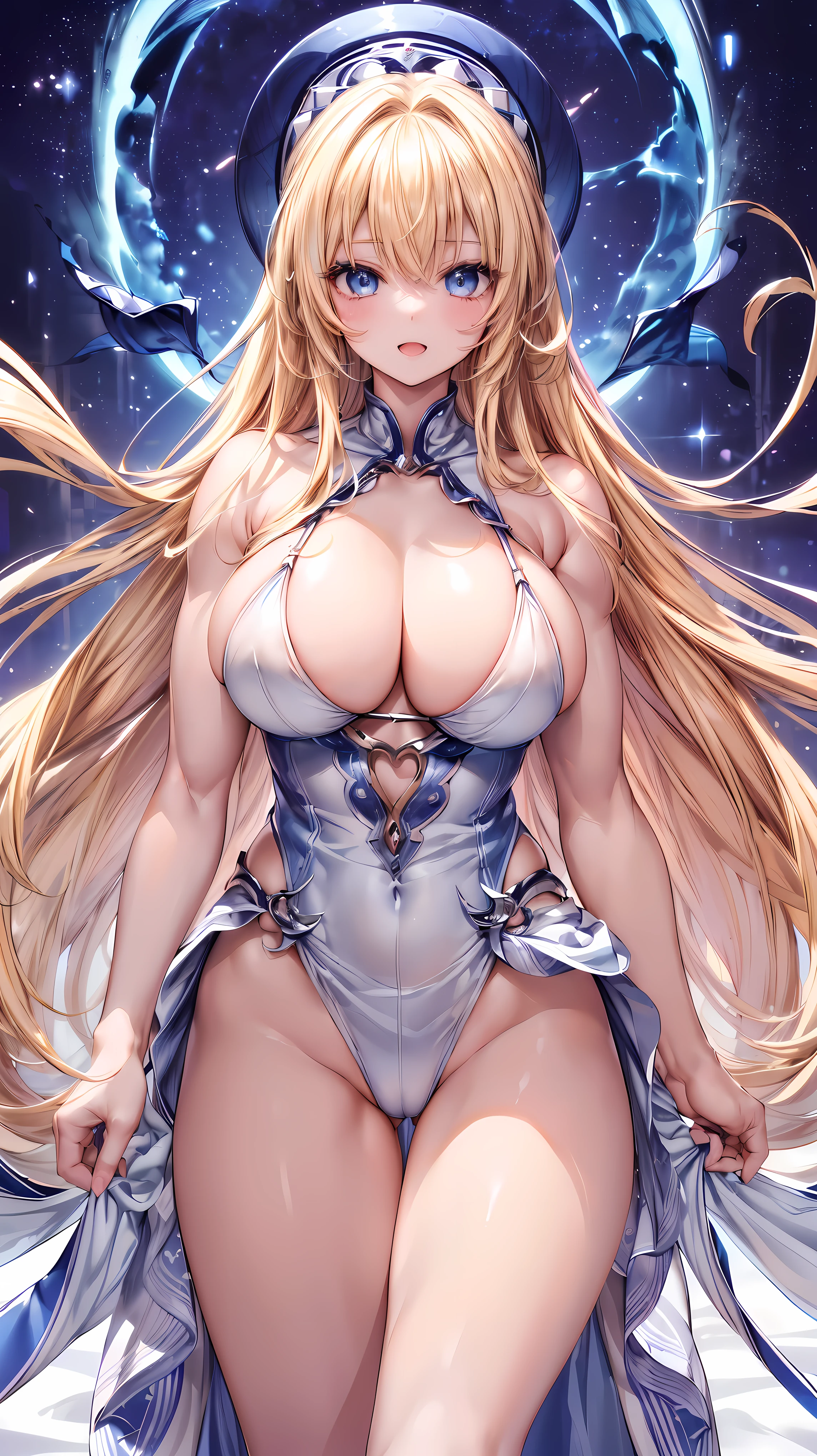 Very detailed、highest quality、Best image quality、masterpiece、8k、Anime Face、A kind smile、(Open your mouth:1.3)、Sparkling blue eyes、(Blonde Hair:1.5)、(Muscles of the whole body:1.3)、(High leg:1.5)、Thigh belt、(High legビキニ:1.5)、(Cowboy Shot:1.5)、(SFW Giant)