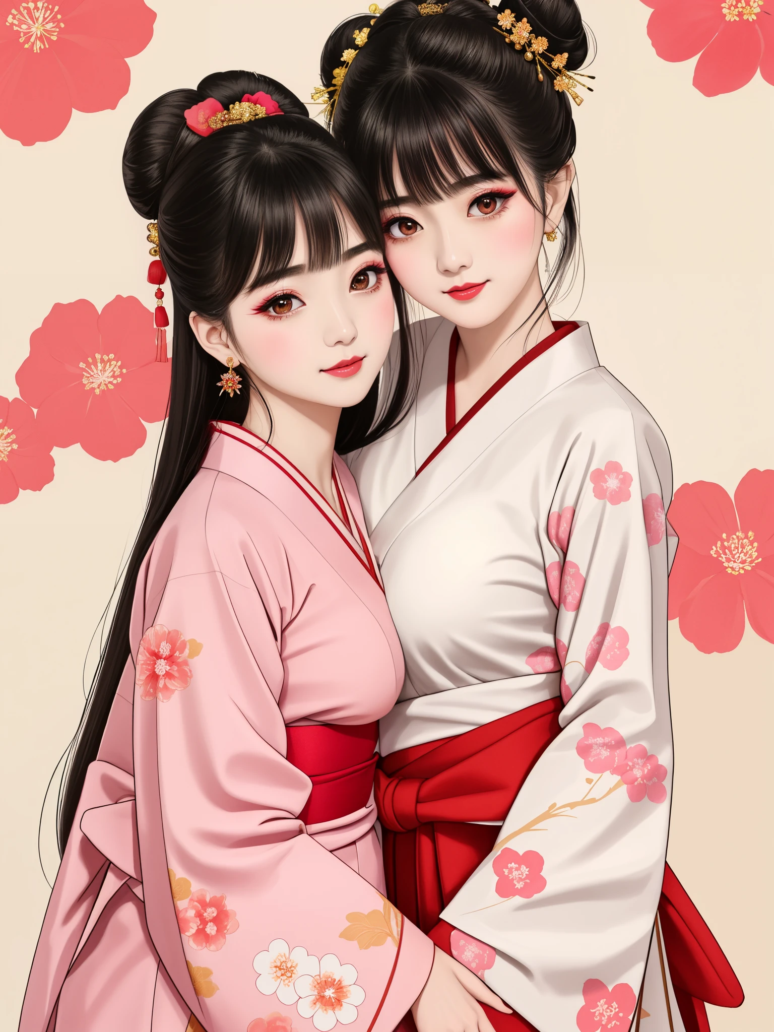 Each has a different expression２People and sisters、(２ girls）、｟Dancing traditional arts with grace)、((Big Breasts、Small Face、Not exposed))、highest quality、masterpiece、（Black Hair、Bun Hair）、Brown Eyes、｟Wide angle、Angle from above the waist、雑誌の表紙のPause、Their gazes are different, gazing into the distance｠、(８K High Quality、masterpiece、High resolution、Realistic and beautiful light and shadow、(highest quality)、(High Resolution)、(Very delicate and beautiful)、(Beautiful 8k face)、(With a smile、Beautiful eyes)、(Clear skin)、(Soft hair)、(８Head to Body)、(A Japanese style yukata kimono with red, pink and orange floral patterns on a white background, interspersed with gold powder、Wearing a yukata２Beautiful Japanese girls)、((Tanabata decoration background))、((Small Face))、(arms up)、Thin and small nose、（Red lipstick）、（Make your cheeks red）、（Glossy skin）、((Ink painting style))、Very thin eyebrows、Overall ultra-high image quality、（She is wearing maiko-style makeup.）、Whitening、Long and beautiful eyelashes、Glowing Skin、（Red cheeks）,Straight nose、masterpiece、highest quality、whole body、 Eyebrows visible through hair、Bun Hair、Grin、Gal、コGal、Viewer&#39;s Eyes、Plaid、Stylish、woman、fine、Pause、
Waiting to start 
