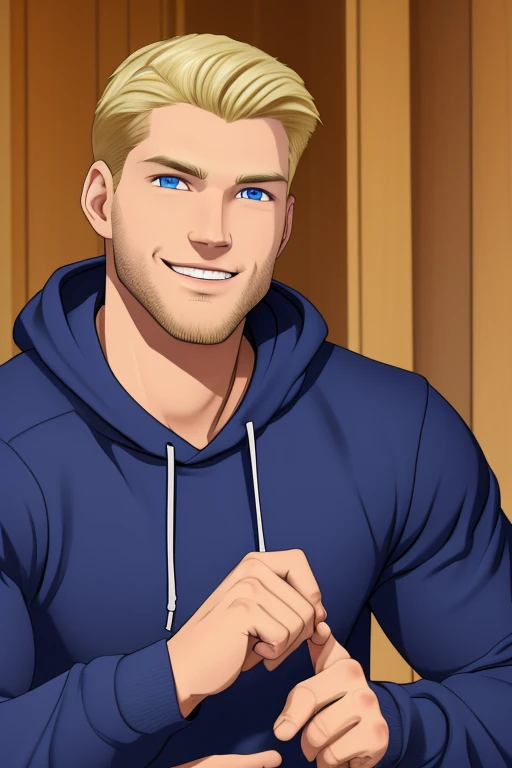 image of a 6'6ft tall Caucasian man, with blonde hair and blue eyes. He has a warm smile. Has an muscular body, nearing 300lbs. Wearing a dark blue hoodie, black cargo pants and sneakers. in a cartoon style