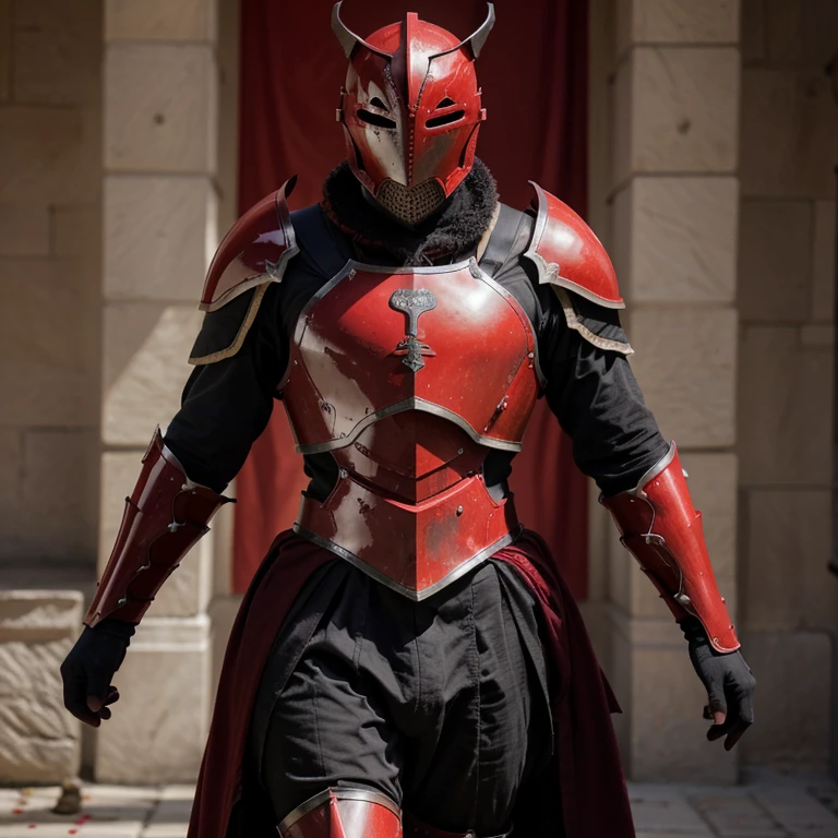 Crea una armadura que cubra todas las partes del cuerpo desde cabeza hasta los pies, This armor must be in red and black colors and must represent that the knight who wears it symbolizes a blood red rose. The armor must be a little exaggerated as if it were a fictional character.
