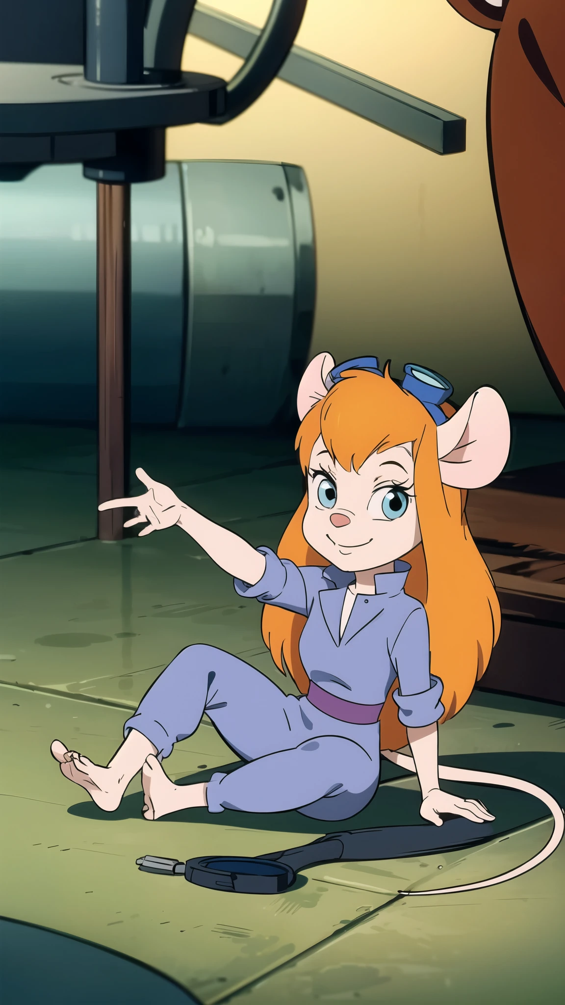 CARTOON_gadget_hackwrench mouse, mouse girl, orange hair, jumpsuit, goggles on head, bare feet, animal feet, smiling, long mouse tail