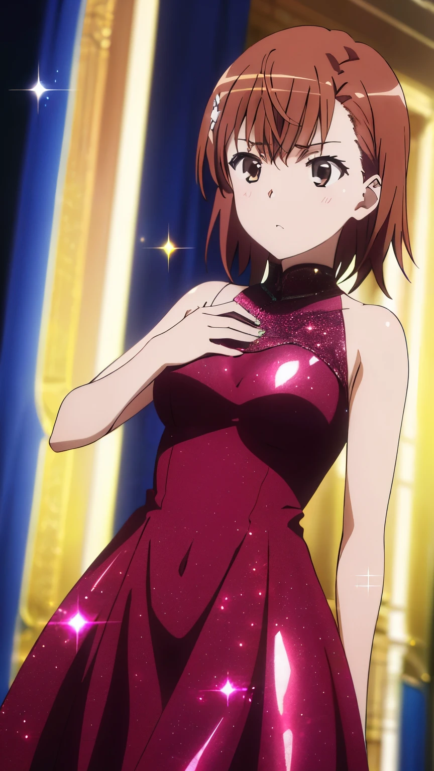 (highest quality, 8k, High resolution, masterpiece:1.2), Anime art style, colorful,Hyper Detail, misaka mikoto, Short Hair, 1 girl, Perfect Face, eye_Light_big,Small medium breast, Soft look, alone, ((Dress,glitter dress, Party Venue), Cowboy Shot,Dynamic Angle, Watching the audience,