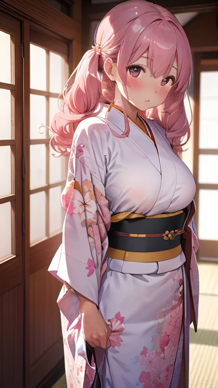 masterpiece、highest quality、Very detailed、Photograph the upper body、1 female、(Put your arms behind your back:1.4)、Are standing、Turn your body forward、View your viewerini-kimono:1.4)、break,blush、shy、Pink Hair、Open your mouth、Japanese-style room、Big Breasts、