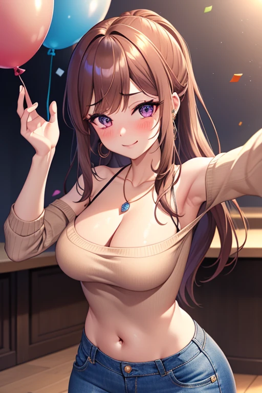 (masterpiece, best quality, high resolution, 8k), cowboy shot, BREAK, girl style anime, well defined eyes, high definition eyes, perfect body, perfect anatomy, eyelashes and black shadow under the eyes, detailed, round eyes with eyelashes and highlighted eye shadow, BREAK, red hair, alluring eyes , beautiful face , crystal purple ligth eyes , long hair , jinx hair, women (medium wavy hair, bangs, Brown hair)), ((detailed face, blush:1.2)), medium , angle dynamic, perfect body, ((, beige off-shoulder sweater、Tight denim pants, cute necklace、earrings、)), top grade、Shy smile, ((((dancing with a beatiful boy)))) at a house party wolorful balloons and confetti and people.