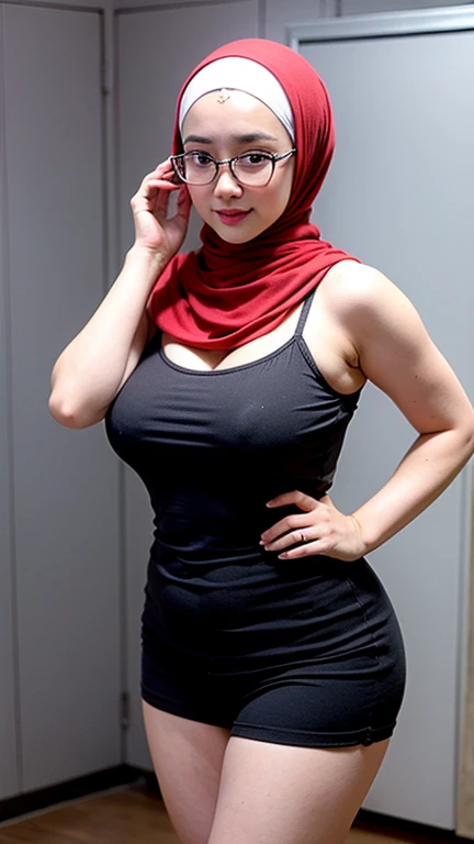 A beauty Malay woman with hijab, short dress, glasses, big breast, hot pants, cute girl, mature and plump, plump woman, clean and smooth pics, all star, high quality, best quality, good vibes, nice look, vivid colors