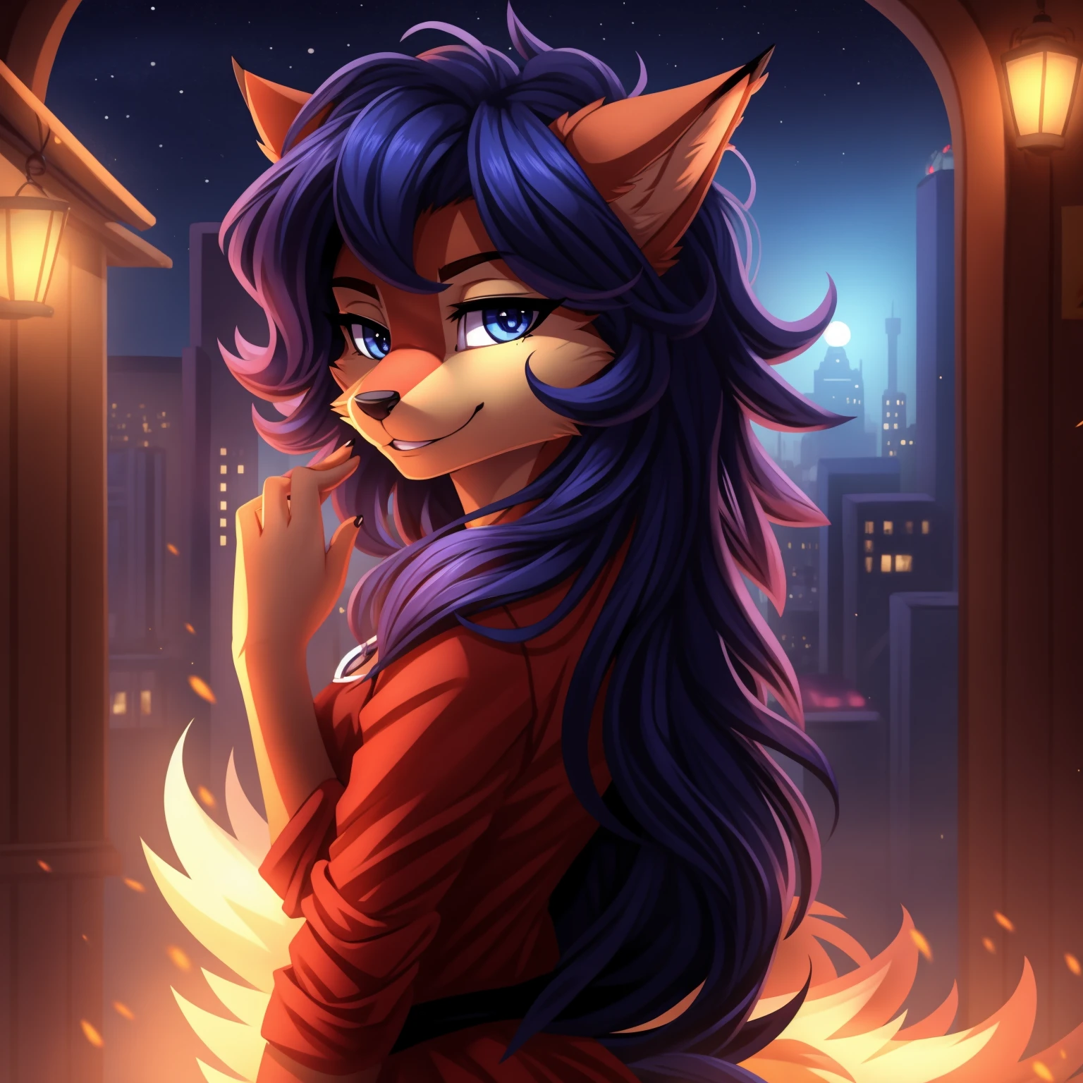 By zinfyuu on pixiv,by twistedscarlet60, uploaded on pixiv, by fluff-kevlar, (masterpiece), (best quality), (anthro furry:1.3, snout:1.2, anthro:1.3, furry:1.2, solo female:1.2), (extremely detailed:1.3), (Detailed eye part: White lens, blue iris,black cornea), tall, slim body, sweet smile, wear Black tshirt and long skirt, carmelita