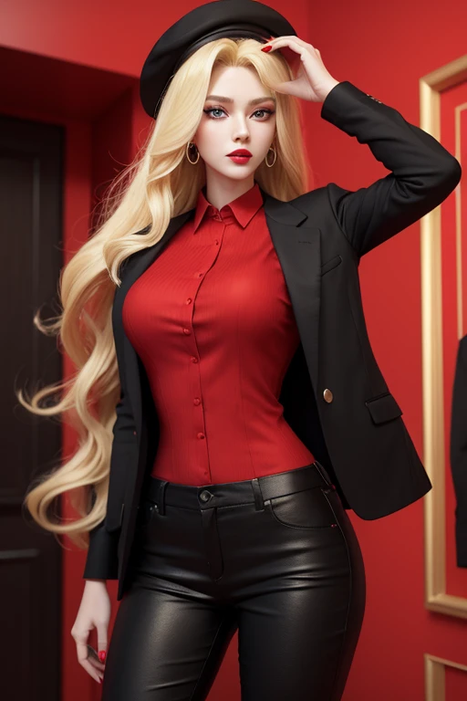 3D rendering style:A red 
 in  dress shirts, a black in pants, a black in hat ,a woman with huge longest blonde hair,red lips and yellow eyes, perfect face