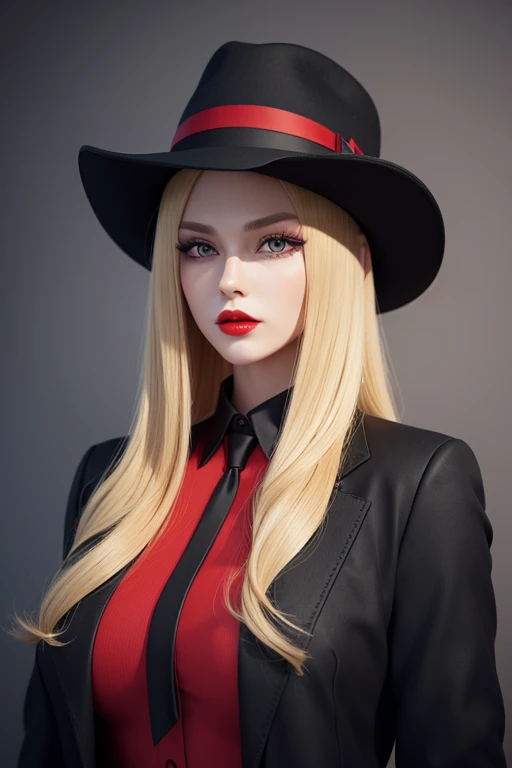 3D rendering style:A red
in dress shirts, a black in pants, a black in hat ,a woman with huge longest blonde hair,red lips and yellow eyes, perfect face