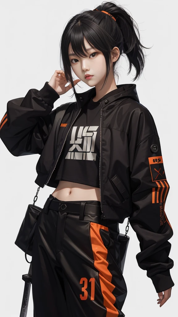 A sexy Chinese age boy, Make-up douyin, is wearing cool cyberpunk style clothes varying in black and orange and carrying a firearm, in a sexy sitting pose, on a white background.