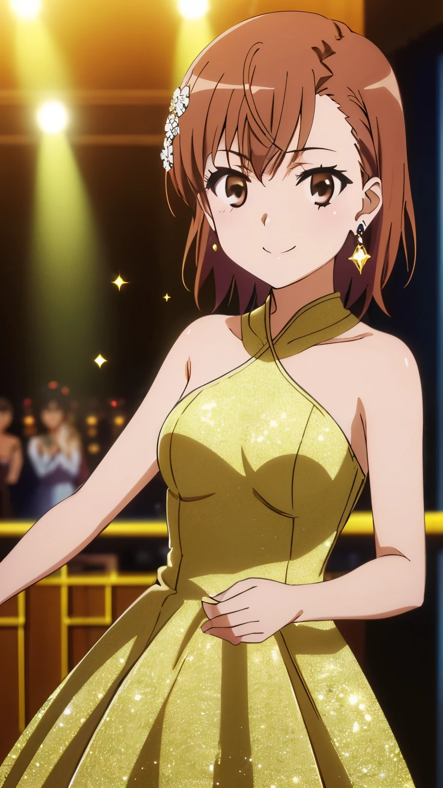(highest quality, 8k, High resolution, masterpiece:1.2), Anime art style, colorful,Hyper Detail, misaka mikoto, Short Hair, 1 girl, Perfect Face, eye_Light_big, Small medium breasts, Soft look, alone, (Dress, glitter dress, Earrings, makeup, smile, Party Venue), Cowboy Shot, Dynamic Angle, Watching the audience,