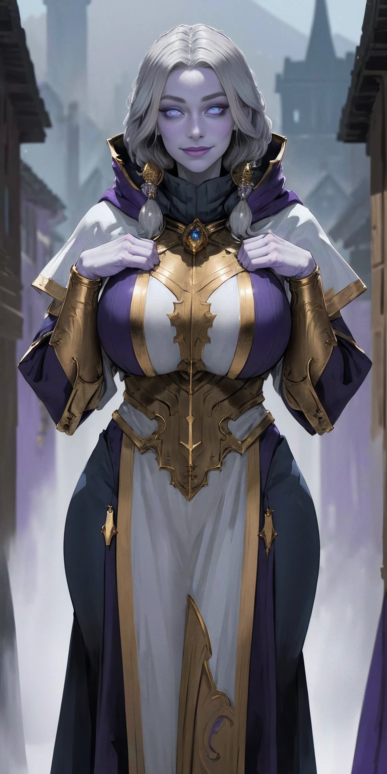 (Triplets)(chest covered) (smile) gray skin, pale golden hair and violet eyes. They prefer clothing of white and silver with cloaks of deep blue or purple, village background, huge knockers ((very precise detailed)) ((high res)
