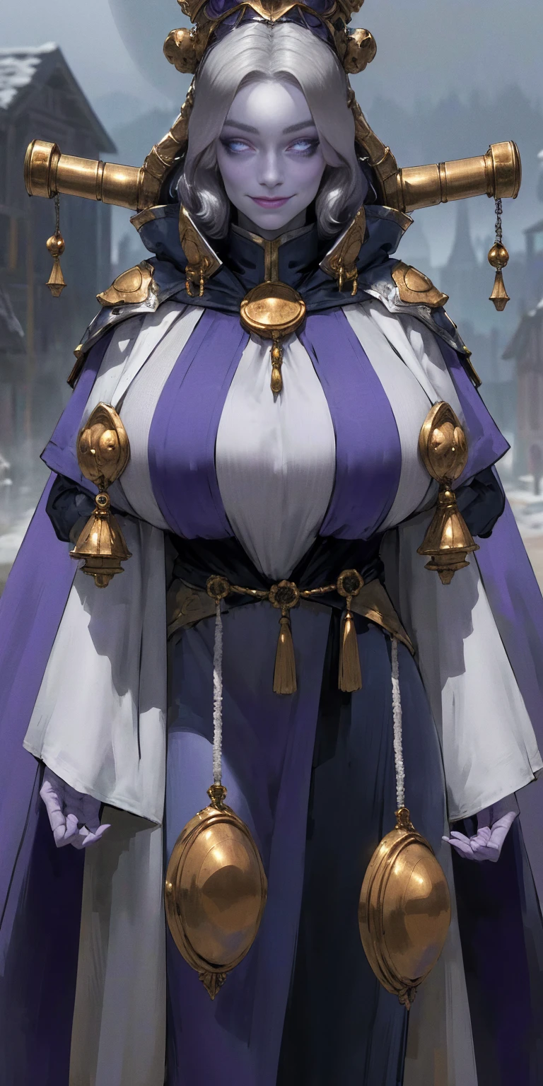 (Triplets)(chest covered) (smile) gray skin, pale golden hair and violet eyes. They prefer clothing of white and silver with cloaks of deep blue or purple, village background, huge knockers ((very precise detailed)) ((high res)