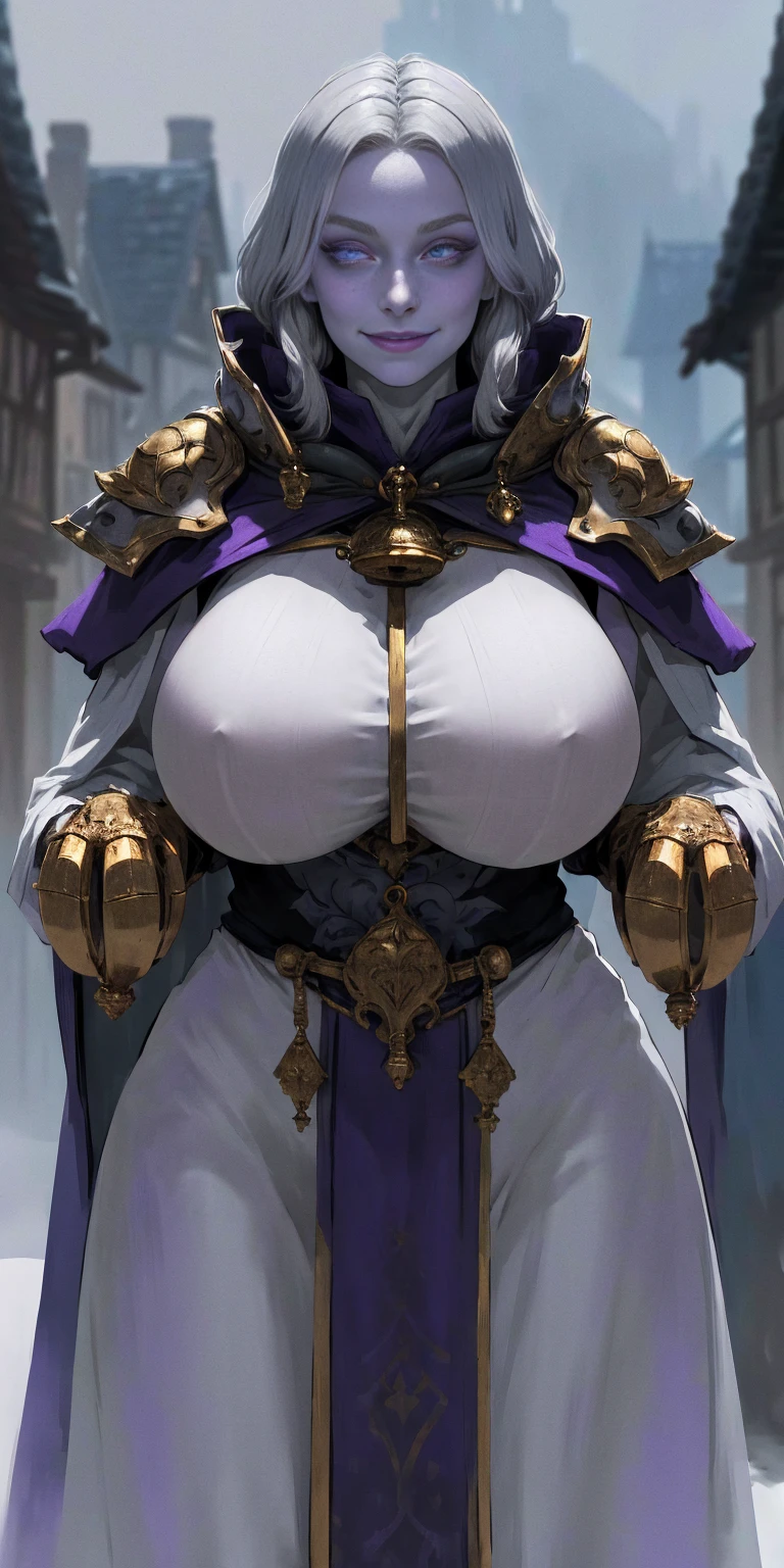 (Triplets)(chest covered) (smile) gray skin, pale golden hair and violet eyes. They prefer clothing of white and silver with cloaks of deep blue or purple, village background, huge knockers ((very precise detailed)) ((high res)