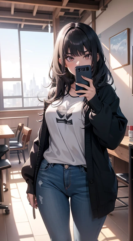 Ayolf, olhos vermelhos, cabelo preto, Cabelo longo, rabo de cavalo, lindo, lindo woman, corpo perfeito, Seios perfeitos, em uma camisa branca, black cardigan, Jeans longos, Bolsa, use the watch, usando brincos, em aula, No campus, Universidade, Quadro de giz, Olhando para o visualizador, Um leve sorriso, realismo, mesa, couro texturizado, super detalhado, alto detalhamento, alta qualidade, melhor qualidade, 1080p, 16K、(((Menina sendo fotografada com smartphone、Photo through smartphone camera)))