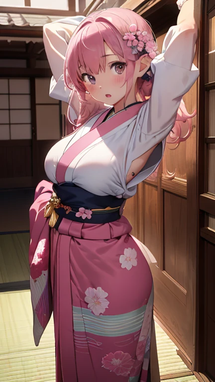 (masterpiece, Highest quality, Highest quality, Official Art, beautifully、aesthetic:1.2),One girl, tattoo, alone, kimono,  hair ornaments, Pink Hair, back tattoo, 尻にtattoo, Violet Eyes,  Off the shoulder, Bare shoulders, Recall, From behind, flower, View your viewers,  Holding, compensate, indoor, Pink cat ears, Plump Ass