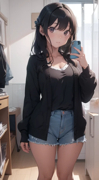 Ayolf, olhos vermelhos, cabelo preto, Cabelo longo, rabo de cavalo, lindo, lindo woman, corpo perfeito, Seios perfeitos, em uma camisa branca, black cardigan, Jeans longos, Bolsa, use the watch, usando brincos, em aula, No campus, Universidade, Quadro de giz, Olhando para o visualizador, Um leve sorriso, realismo, mesa, couro texturizado, super detalhado, alto detalhamento, alta qualidade, melhor qualidade, 1080p, 16K、(((Menina sendo fotografada com smartphone、Photo through smartphone camera)))