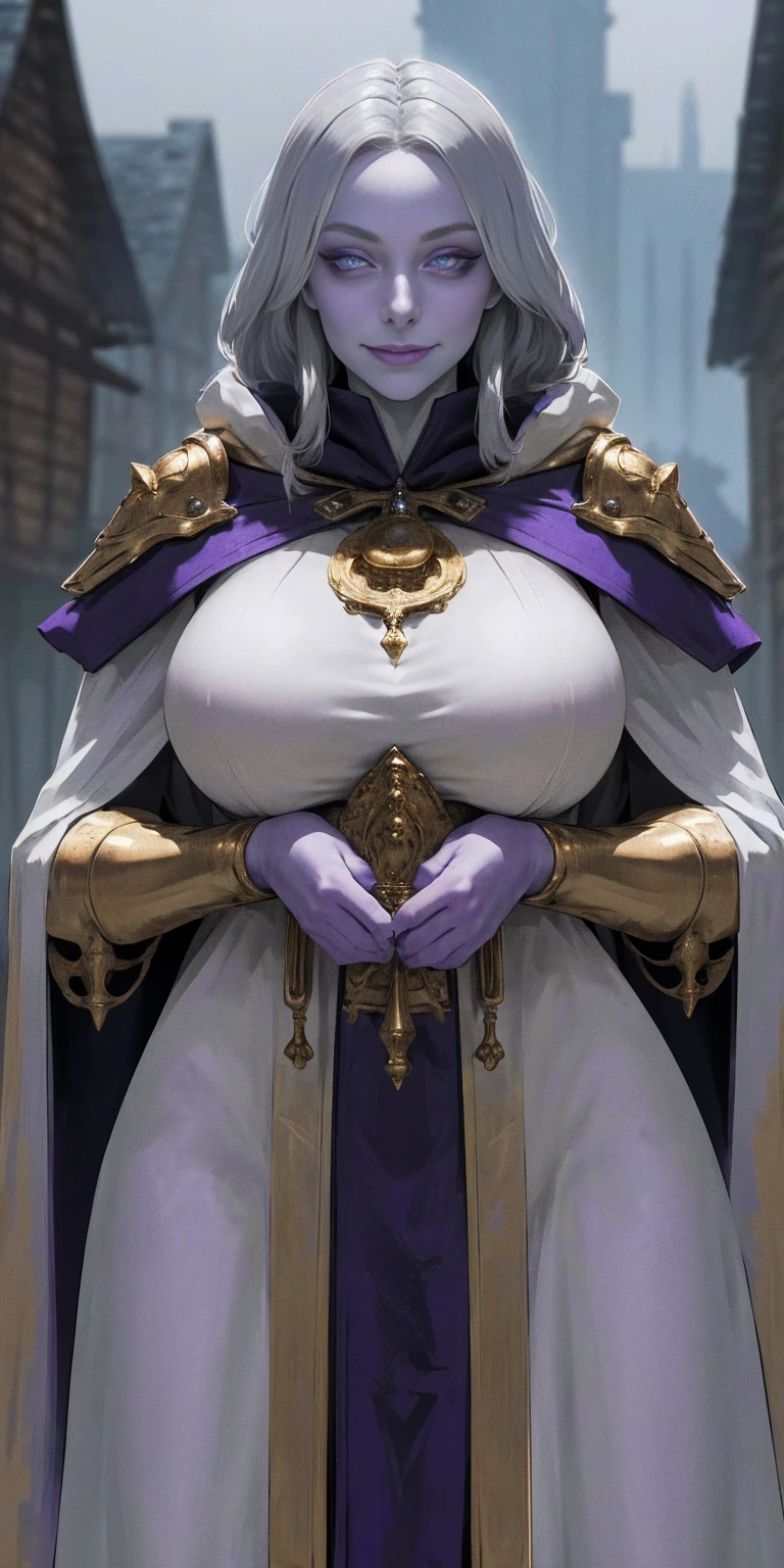 (Triplets)(chest covered) (smile) gray skin, pale golden hair and violet eyes. They prefer clothing of white and silver with cloaks of deep blue or purple, village background, huge knockers ((very precise detailed)) ((high res)